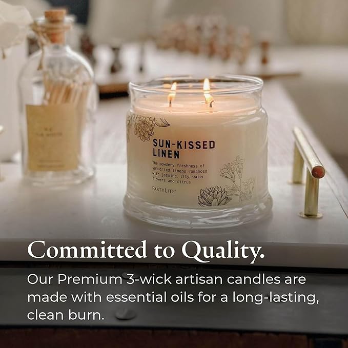 PartyLite Sun-Kissed Linen Scented, Notes of Jasmine Musk, Lily & Citrus, 13.2oz 3-Wick Jar Candle, 45 Hour Burn Time, Luxurious Fragrance, Ideal for Gifting - Bloomnest