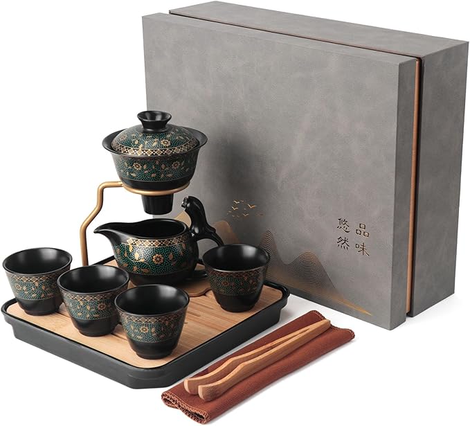 Bsigo Lazy Kungfu Ceramic Tea Set Semi Automatic Drip Rotating with Infuser Ceramic Teapot Set (4 cups), Magnetic Water Diversion Semi-Automatic Teapot Set Chinese Gongfu Porcelain Tea Pot Set - Bloomnest