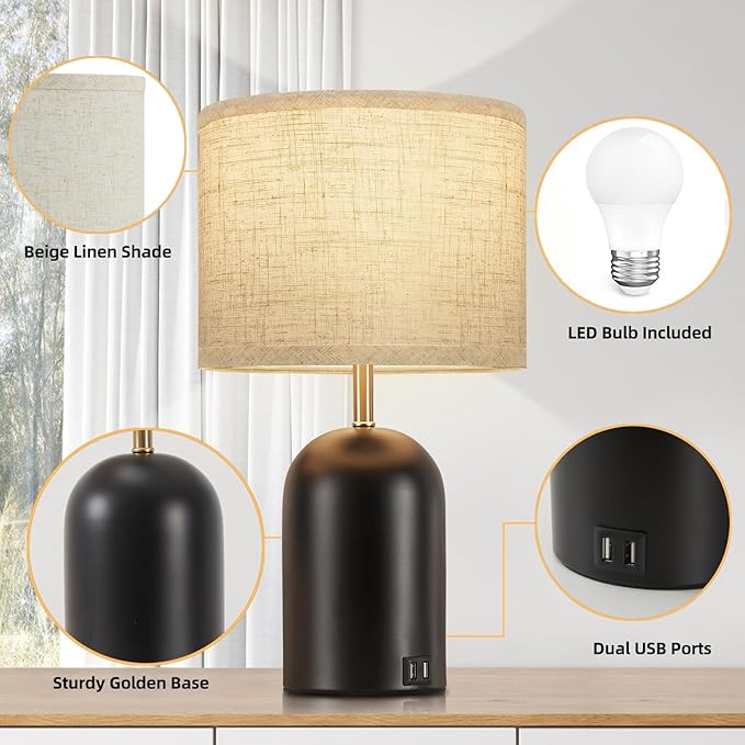 Bedside Lamps with USB C+A Charging Ports, Table Lamp Touch Control 3-Way Dimmable Modern Lamp for Bedroom Lamps for Night Stands with Fabric Shade for Living Room Office Dorm (LED Bulbs Included) - Bloomnest