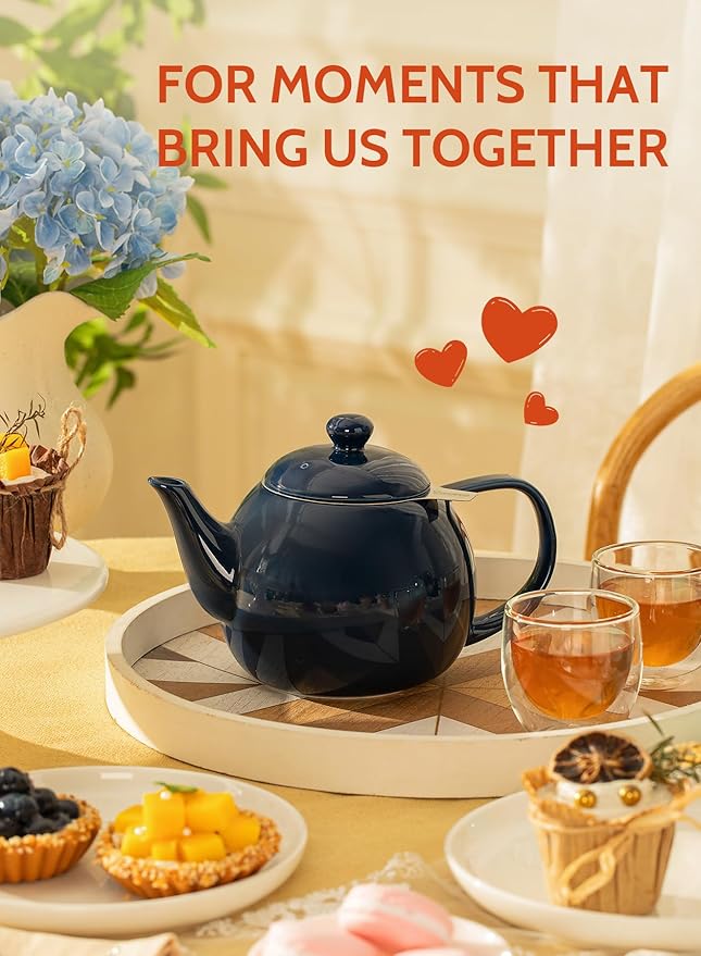 Sweese Teapot, Porcelain Tea Pot with Stainless Steel Infuser, Blooming & Loose Leaf Teapot - 27ounce, Navy - Bloomnest