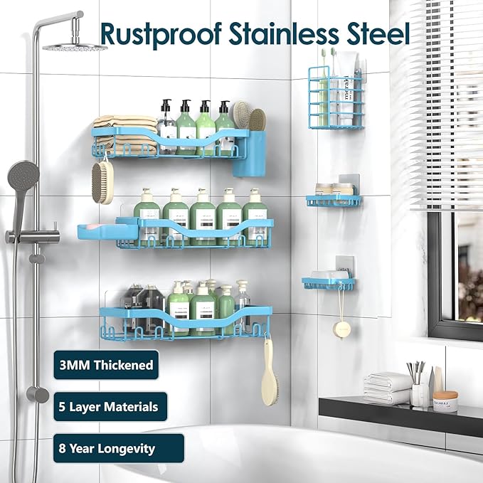 Shower Caddy Adhesive Shower Organizer 8-Pack, Rustproof Stainless Steel Bathroom Shelves, Large Capacity No-Drill Rack Storage Accessories with Soap Dish Toothbrush Holder Hooks - Bloomnest