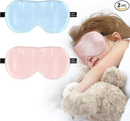 Silk Sleep Eye Mask for Kids, 100% Real Natural Pure Silk Sleeping Masks, Blindfold Sleep Eye Cover with Adjustable Strap, Soft & Lightweight Night Eyeshade for Boys Girls Teens (2 Pack)