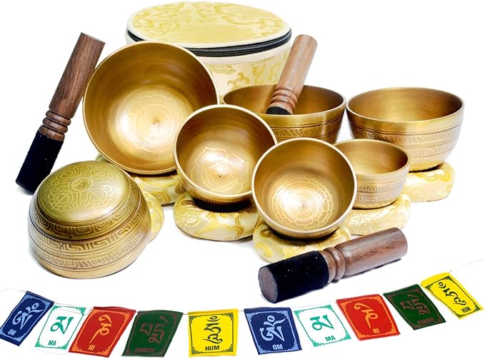 Tibetan Singing Bowl Set of 7 Himalayan Bowl Vajra Engraved Chakra bowl Authentic 7 metals Handmade in Nepal for Yoga, Chakra healing, Deep Relaxation Mindfulness - Bloomnest