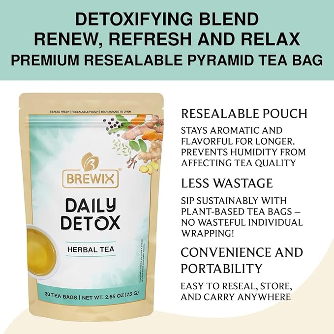 BREWIX, Ayurvedic Detox Herbal Tea Bags (30 Pyramid Tea Bags) Caffeine-Free Herbal Tea | Cleansing Formula with Traditional Ayurvedic Herbs | Supports Digestion, Balance & Daily Vitality - Bloomnest