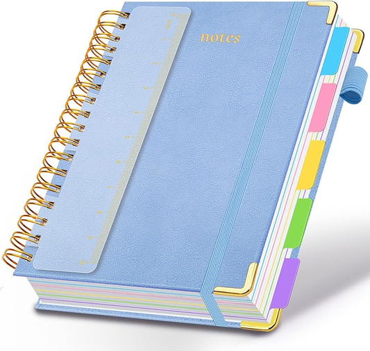 Hardcover Spiral Notebook 8.5"x11" Journal Notebook with Tabs and Removable Dividers 300 Pages 5 Subject Notebook College Ruled, Faux Leather Spiral Bound Notebook for Women School Work (Lake Blue) - Bloomnest