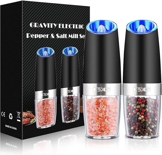 XinXu Gravity Electric Pepper and Salt Grinder Set, Adjustable Coarseness, Battery Powered with LED Light, One Hand Automatic Operation, Black -2 Pack - Bloomnest