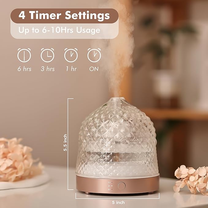 200ml Glass Reservoir Essential Oil Diffuser with Glass Dome Ultrasonic Aromatherapy Diffuser with Four Timer Colorful Light Auto-Off for Home Office Bedroom - Bloomnest