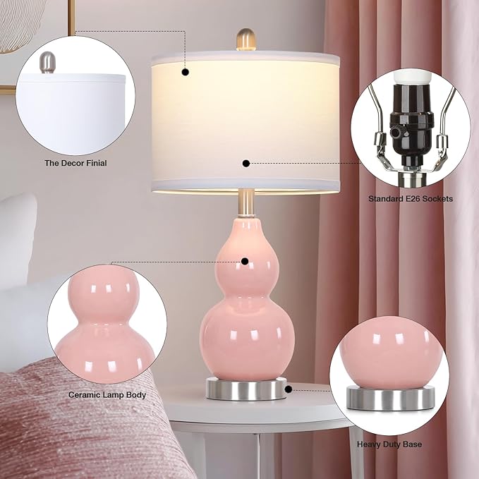 22" Double Gourd Ceramic Table Lamps Set of 2, Pink Modern Bedside Lamps for Living Room, Contemporary Nightstand Desk Lamps for Bedroom End Table Home Office Decor(2 LED Bulbs Included) - Bloomnest