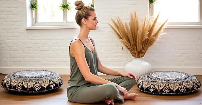 CRAFT KALA Boho Large Floor Pillow Pouf Cover Mandala Meditation Room Pillow Cover for Adults Round Bohemian Seating Pouf Cushion Cover for Kids Playroom 22" Black Golden - Bloomnest