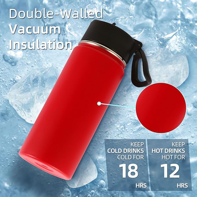 Volhoply Kids Insulated Water Bottle with Straw,16oz Stainless Steel Cold Water Bottles for School,BPA-Free Metal Wide Mouth Cups with Handle Lid,Reusable Double Wall Vacuum Sport Flask(Red,1) - Bloomnest