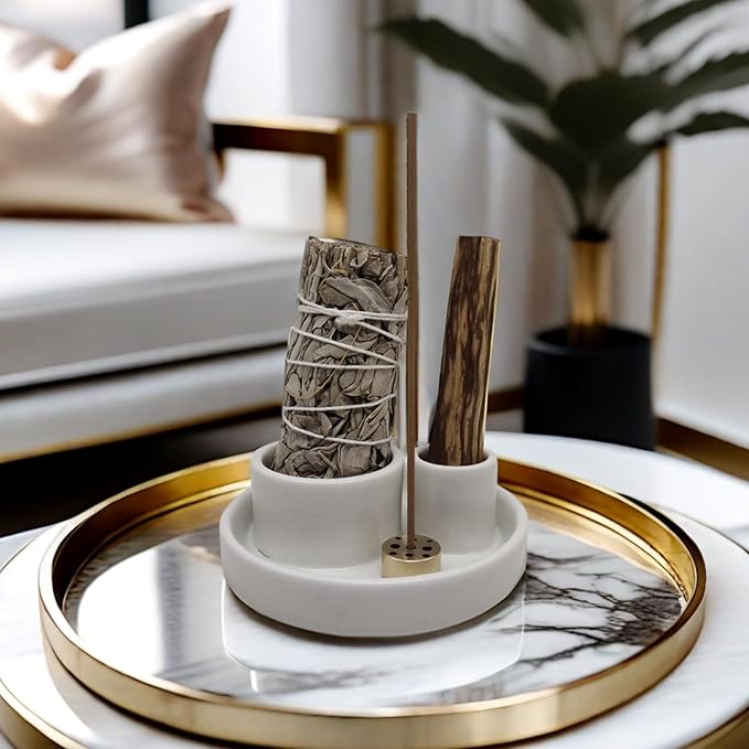 4 in 1 Incense Holder, Palo Santo Stick Holder,Sage Holder for Burning- 4.25" Sage Incense Holder for Meditation Room Home Decor (White Speckles) - Bloomnest
