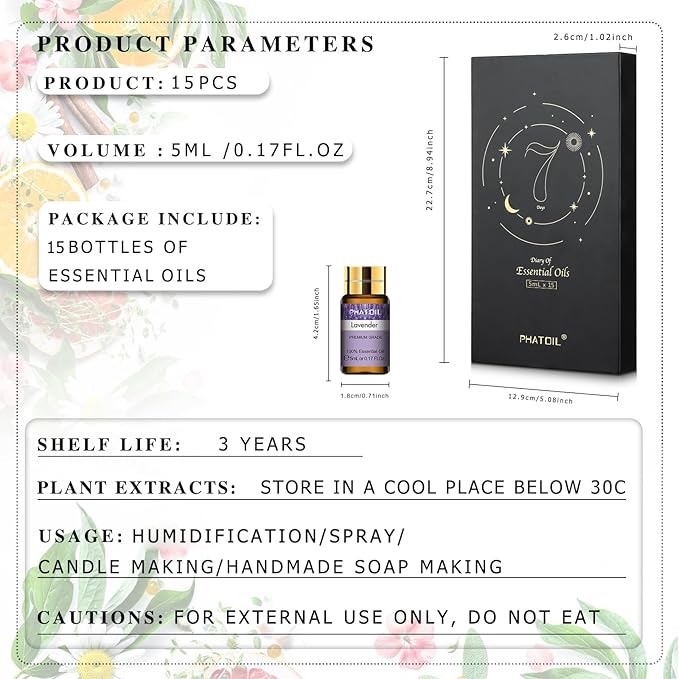 PHATOIL 15PCS Essential Oils Gift Set - Premium Quality 100% Natural Pure Essential Oils for Aromatherapy Diffuser Yoga Home Office Soap Candle Making- 5ml/Bottle - Bloomnest