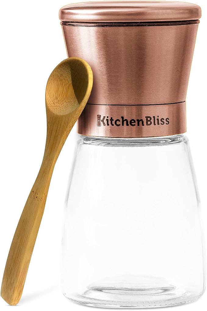 Kitchen Bliss Premium Copper Stainless Steel Salt and Pepper Grinder Set - Short Glass Shakers - Adjustable Coarseness Mills - Refillable with Himalayan Salt, Black Peppercorn - Set of 2 - Bloomnest