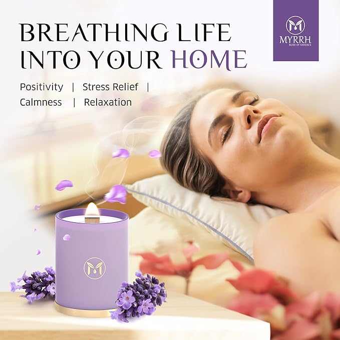 MyrrhUSA Lavender Blossom Scented Candle – 15oz Natural Soy Wax with Crackling Wooden Wick & Essential Oil, 80 Hour Burn | Luxury Aromatherapy Candle for Relaxation, Home Décor, Living Room & Bathroom - Bloomnest