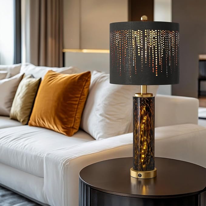 Oneach 27.75" Modern Table Lamps Set of 2, Gold Bedside Lamp with Leopard Glass Nightlight, USB A+C, Black Crystal Shade, Unique Desk Lamps for Living Room, Bedroom, Nightstand (2 Bulbs Included) - Bloomnest