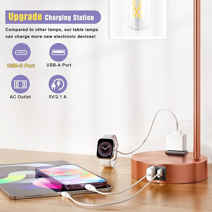 Innqoo Industrial Touch Table Lamps for Bedrooms Set of 2-3-Way Dimmable Lamps with USB C+A Ports and Outlet, Copper Bedside Lamps with Clear Glass Shade for Living Room, Desk Lamps for Home Office - Bloomnest