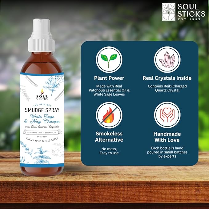 SOUL STICKS White Sage & Nag Champa Smudge Spray – 3.5oz Smokeless Cleansing Mist with Quartz Crystals – Spiritual Aromatherapy Spray for Meditation, Yoga, Home Energy Clearing & Relaxation SoulSticks