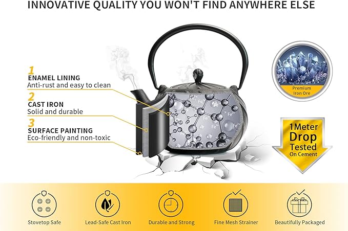 Stovetop Tea Kettle, TOPTIER Japanese Cast Iron Tea Kettle with Infuser for Loose Leaf and Tea Bags, Cast Iron Teakettle Coated with Enameled Interior for 40 oz (1200 ml), Midnight Black - Bloomnest
