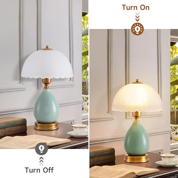 Table Lamps for Bedroom Vintage Golden Table Lamps for Bedroom Ceramic Retro Lamp for Living Room,16" Modern Bedside Nightstand Traditional Lamps, Classic Chinoiserie Green Glass Lamp for Home Decor - Bloomnest
