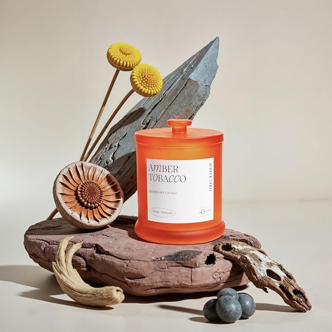 Hidden Label Amber Tobacco Fall Candles | 2 Wick Large Candles for Home Scented 13oz 75Hour Long Lasting Slow Burning | Aromatherapy Candle for Home Decor, Stress Relief & Relaxation - Bloomnest
