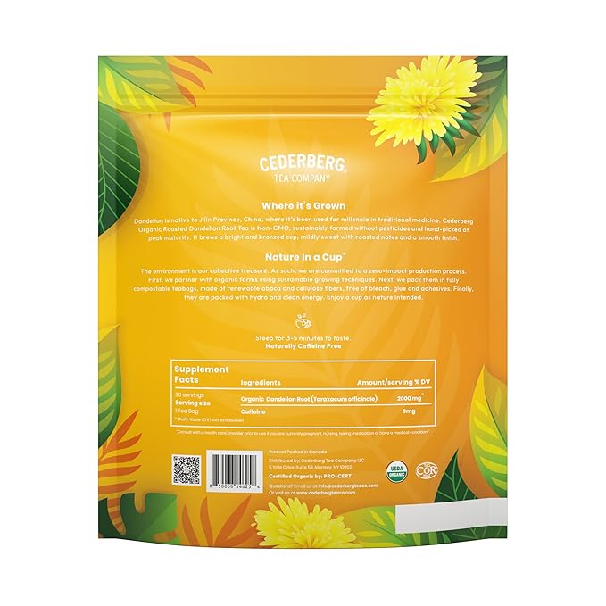Cederberg Tea Company Organic Dandelion Root Tea — 30 Tea Bags | Organic Herbal Tea From Single Origin | Eco-Friendly Tea Bags | Non-GMO Caffeine Free Tea With Zero Sugar - Bloomnest