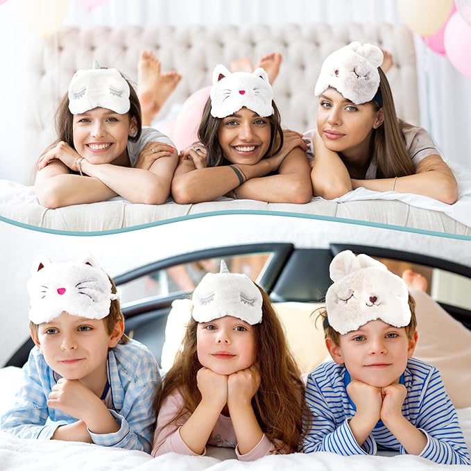 3 Pieces Sleep Mask for Kids, Girls Plush Sleeping Eye Cover Soft Eye Blindfold Cover Animal Shade for Kids(White,Bunny, Cat and Unicorn Style) - Bloomnest