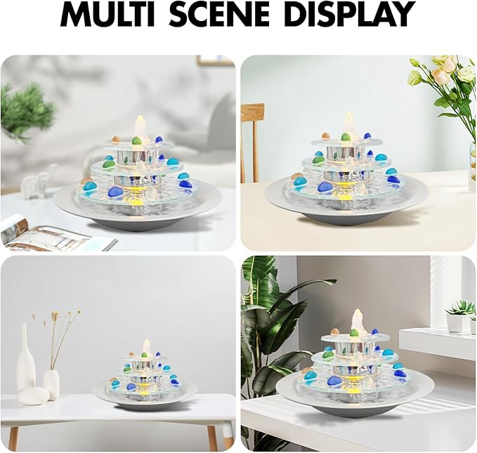 Indoor Tabletop Fountain 3-Tier Waterfall, Zen Meditation Fountains with LED Light, Home Desktop Soothing Sound Meditation Relaxing Water Feature for Office Room Table Decoration
