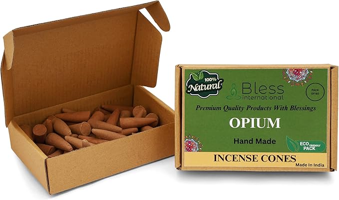 Bless International Opium 100%-Natural-Incense-Cones Handmade-Hand-Dipped Organic-Chemicals-Free for-Purification-Relaxation-Positivity-Yoga-Meditation The-Best-scents (60 Count)