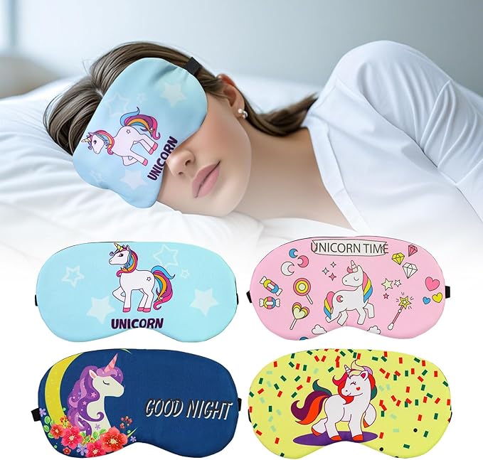 Cute Sleep Eye Masks for Kids, Kawaii Cartoon Kids Sleeping Mask for Women Boys Girls Teens, Soft Plush Adjustable Eyeshade Silk Travel Nap Eye Cover (Yellow+Navy+Blue+Pink) - Bloomnest