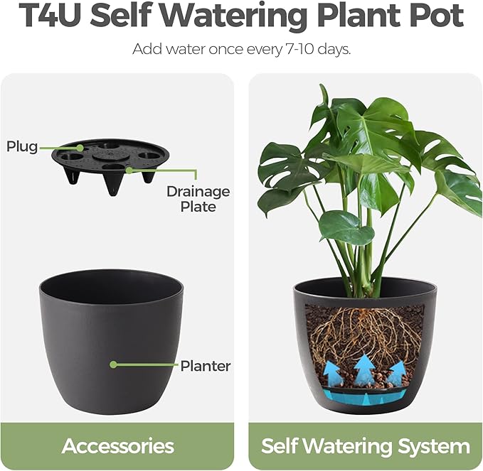 T4U 7 Inch Self Watering Planters Plastic Plant Pot, Modern Decorative Flower Pot/Window Box for All House Plants, Flowers, Herbs, African Violets, Succulents - Black, Set of 6 - Bloomnest