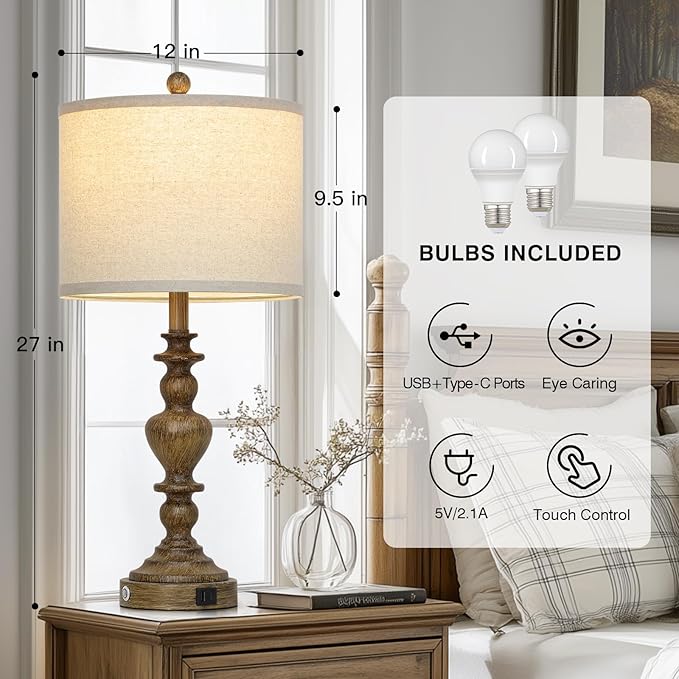 27" Vintage Table Lamps Set of 2, Farmhouse Resin Bedside Lamp with USB C+A Ports & AC Outlet, 3-Way Dimmable Touch Control Lamps for Living Room Bedroom Nightstand Antique Brown Washed Wooden Finish - Bloomnest