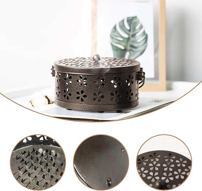 （2Pack,Bronze） Retro Portable Iron Mosquito Coil Holder with Handle Round Fireproof Incense Holder for Home Office. - Bloomnest