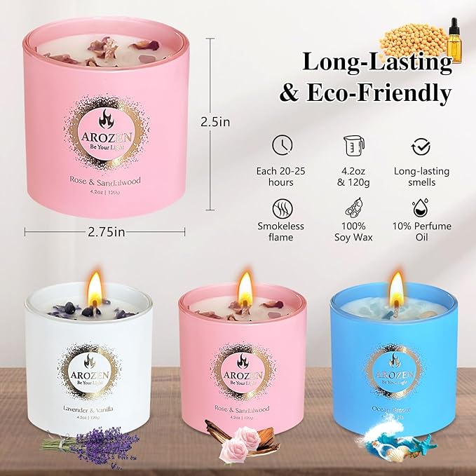 3 Pack Scented Candles Gift Set for Women, Birthday Gifts for Women, Valentines Day for her, Mothers Day Gifts, Candles for Home Scented of Lavender, Ocean Breeze & Rose Sandalwood - Bloomnest