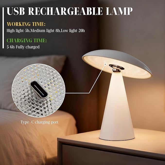 Mushroom Aesthetic Cute Lamp,Magnetic Mid Century Modern Lamp with 3-Mode Lighting for Unique Home Mushroom Decor,Cordless USB Rechargeable Lamps for Bedside/Dorm/Office/Entryway Decor(White) - Bloomnest