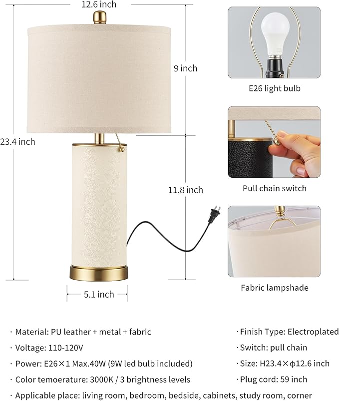 KDG 23.4" White PU Leather Table Lamps for Living Room Set of 2, 3 Level Brightness LED Modern Home Decor Fabric Lampshade Desk Lamp Lighitng for Bedroom, Bedside, Farmhouse, Nightstand, Night Light - Bloomnest