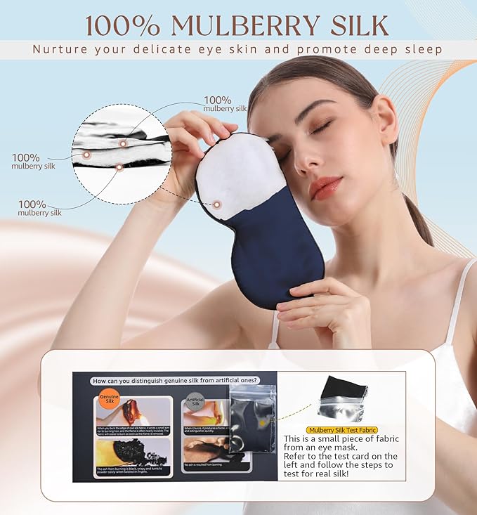 HiRui Silk Sleep Mask, 100% Natural Mulberry Silk of Double-Sided & Inner-Filling, Ultra-Smooth Soft, Adjustable Strap, Blocks Light for Night Sleeping, Travel, Office Naps (Navy Blue) - Bloomnest