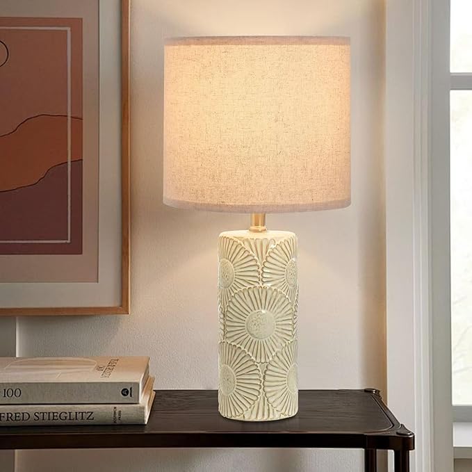 20.75" White Ceramic Lamps Set of 2 with Floral Design, Farmhouse White Table Lamp for Living Room, Bedroom, Beige Lamps for Nightstands Set of 2 - Bloomnest