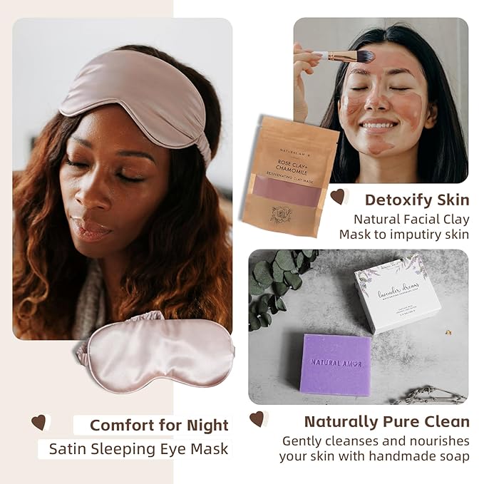 Natural Amor Handmade Bath Body Gift Set,6 pcs Self Care Gift for Women,Includes Soap Bar, Bath Bomb, Clay Mask, Candle- Thank you Gift for Pampering - Bloomnest