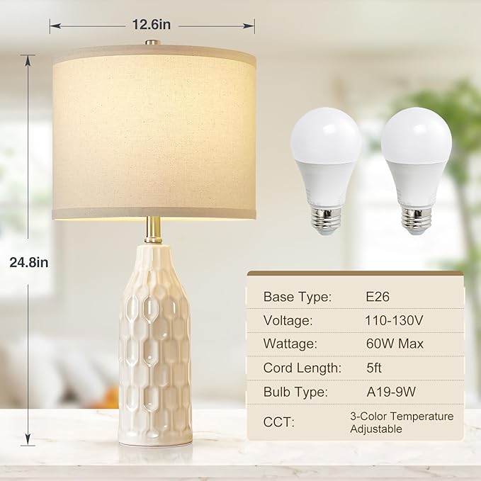 Luvkczc 24.8" Ceramic Table Lamps Set of 2 with 3 Color Temperature & Bulbs Included - Bedside Lamps for Nightstand, Living Room, Bedroom, Home Office Decor - Bloomnest