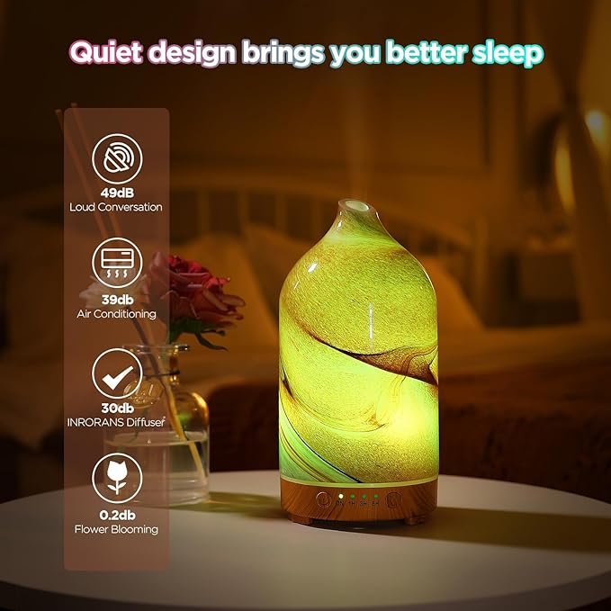 Essential Oil Diffuser Hand Blown Glass Aromatherapy Diffuser - Ultrasonic Cool Mist Scent Aroma Diffuser, Whisper Quiet with Auto Shut-Off, Timer Setting &7 Colors Night Light for Home - Bloomnest