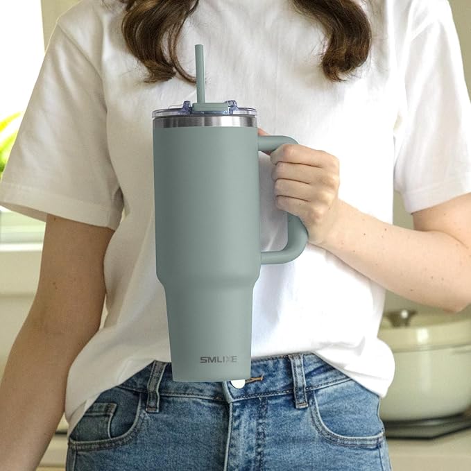 40 oz Tumbler with Handle and Straw Lid,Insulated Reusable Stainless Steel Water Bottle Travel Mug，Cupholder Friendly Double Wall Vacuum Sealed Cup (Shale) - Bloomnest