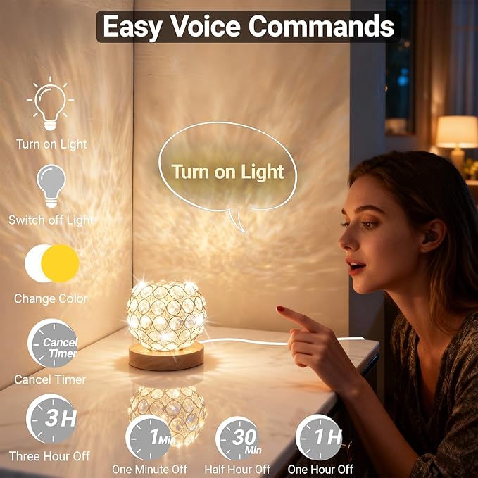 Crystal Mood Table Lamp, Small Decorative Sphere Light with Voice Control - 3 Lighting Modes Ambient Lighting for Tiny Bedroom & Living Room Decor, Aesthetic Gifts for Teen Girls - Bloomnest