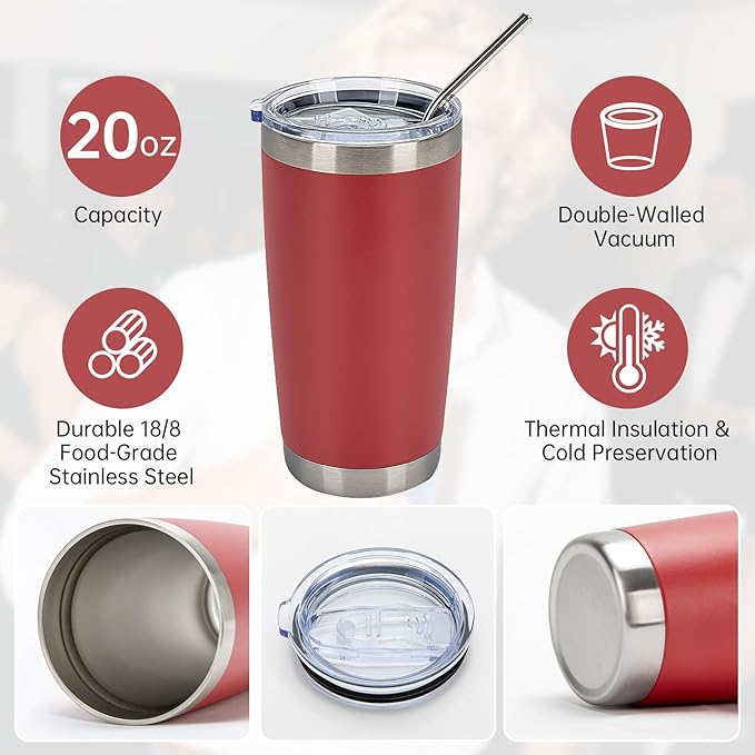 IEOVIEE 32 Pack, 20oz Stainless Steel Bulk Tumblers with Lids and Straws, Double Wall Insulated Travel Mug, Durable Powder Coated Tumbler Bulk Cup for Cold and Hot Drinks(Red) - Bloomnest