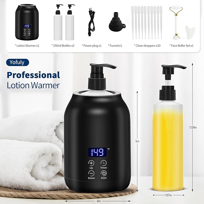Massage Oil Warmer with Gua Sha Roller Set, Yofuly Professional Oil Warmer for Massage with Two Dispenser Bottles, Portable Electric Temperature Control Lotion Digital Heater for Spa, Black - Bloomnest