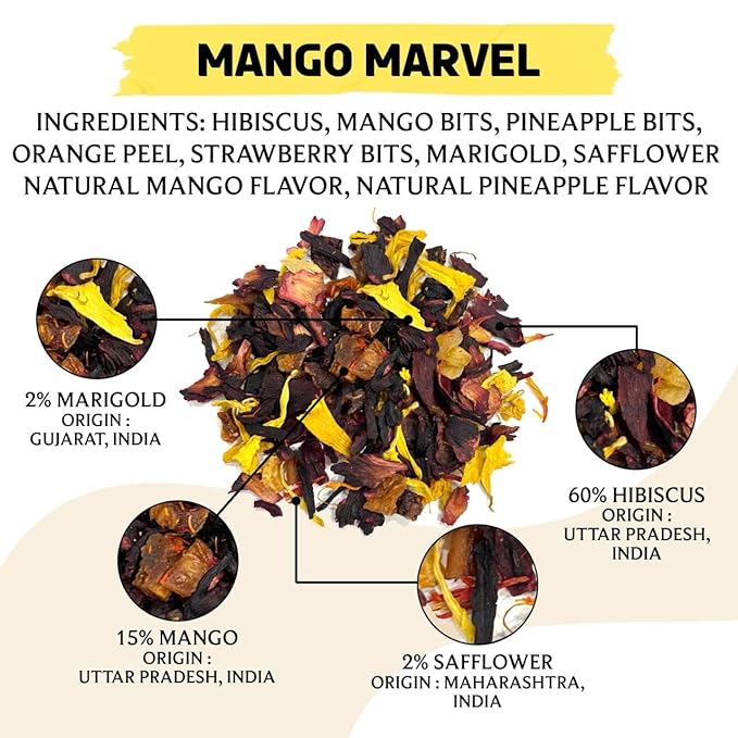 BREWIX, Mango Marvel Herbal Loose Tea (50+ Cups) | Made with Hibiscus, Mango, Pineapple, Orange Peel, Strawberry | Non-Caffeinated | Make Hot or Iced | Resealable Pouch - Bloomnest