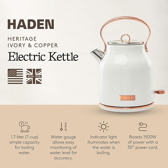 Haden Heritage 1.7 Liter Stainless Steel Electric Kettle, Hot Water Kettle with 360-Degree Base and Auto Shutoff, Ivory & Copper - Bloomnest