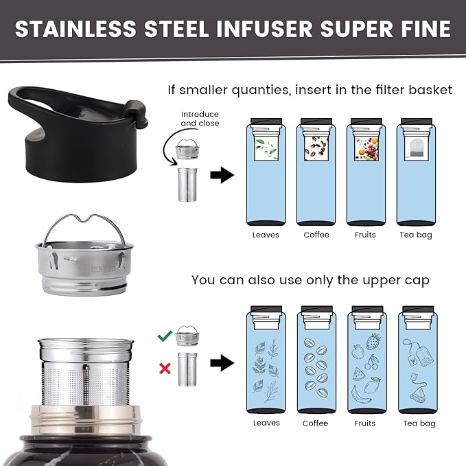 Lexlion Tea Infuser Water Bottle 32 Oz – Triple Wall Insulated Stainless Steel, Loose Leaf & Fruit Strainer, 3 Leakproof Lids, BPA-Free Silicone Sleeve, Reusable Thermal Mug - Bloomnest