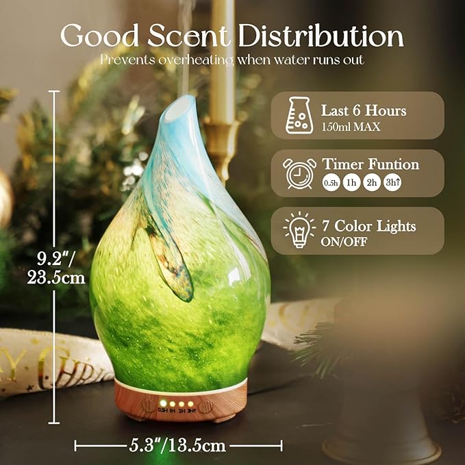 Porseme 150ml Essential Oil Diffuser Glass Color Changing Aroma Air Diffusers Aromatherapy Ultrasonic Cool Mist Humidifier 6 Running Hours Waterless Auto-Off for Sleeping Yoga Office Spa (Blue Grass) - Bloomnest