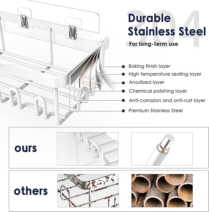 Shower Caddy Adhesive Shower Organizer 8-Pack, Rustproof Stainless Steel Bathroom Shelves, Large Capacity No-Drill Rack Storage Accessories with Soap Dish Toothbrush Holder Hooks - Bloomnest