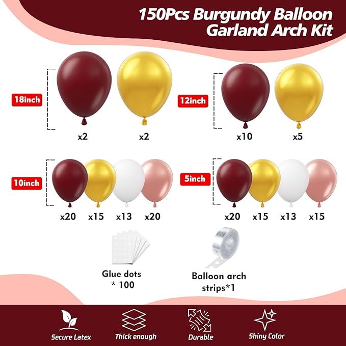 150Pcs Burgundy Balloon Garland Arch Kit - Birthday Party Decorations with Metallic Rose Gold Maroon White Gold Balloons for Baby Shower Valentines Day Bridal Shower Wedding Prom Decorations - Bloomnest